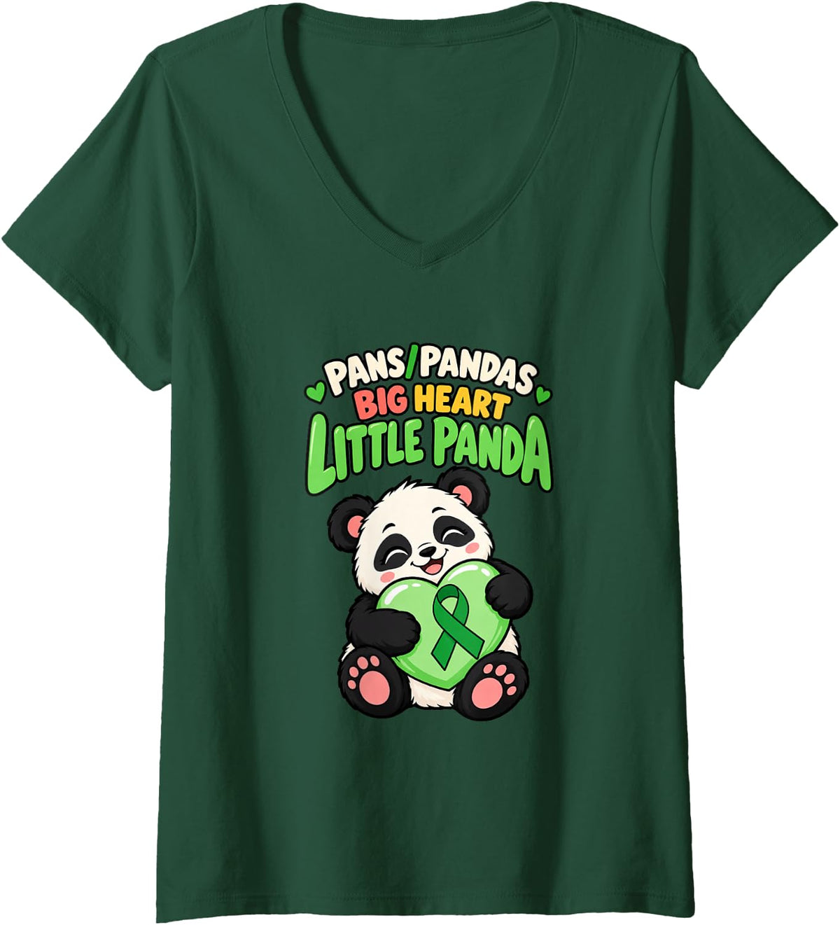 Women's Pans Pandas Big Heart Little Panda Kindness Awareness V-Neck T-Shirt - Dark Green