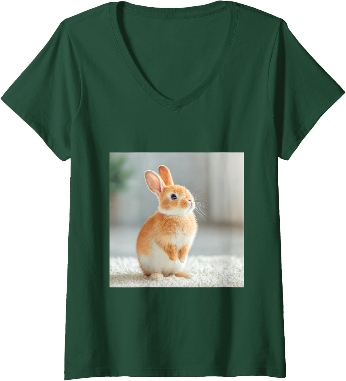 Women's Cute Little Bunny Rabbit Animal Pet V-Neck T-Shirt - Dark Green