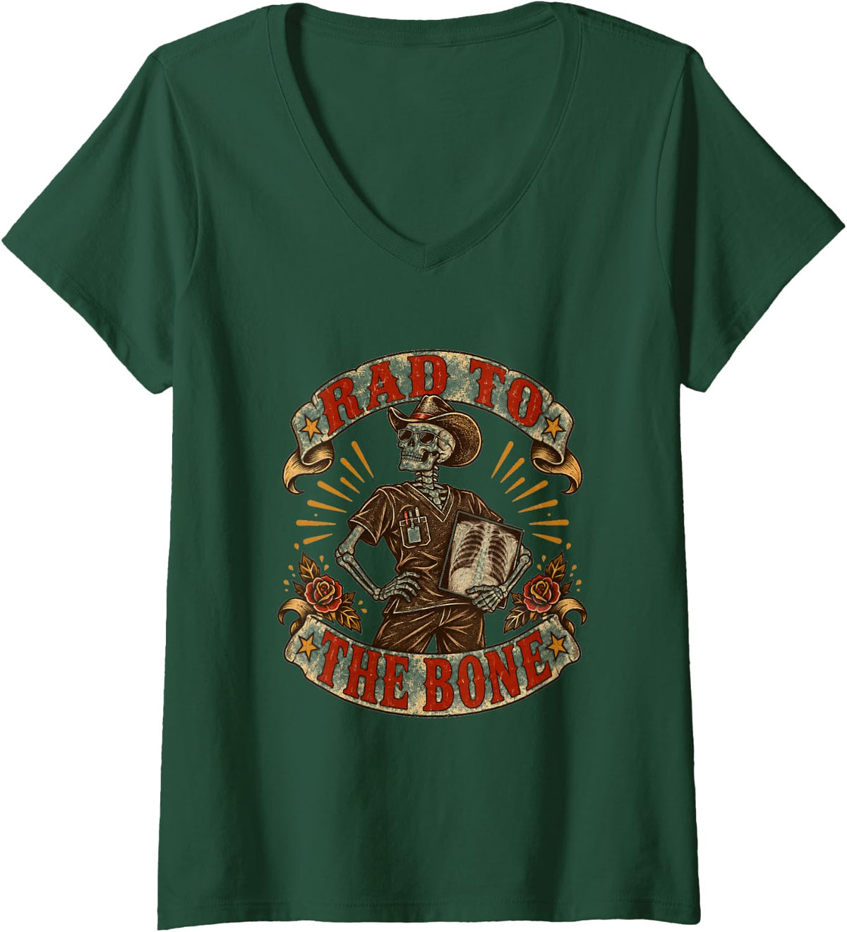 Women's Rad to The Bone Radiology Tech Skeleton V-Neck T-Shirt - Dark Green