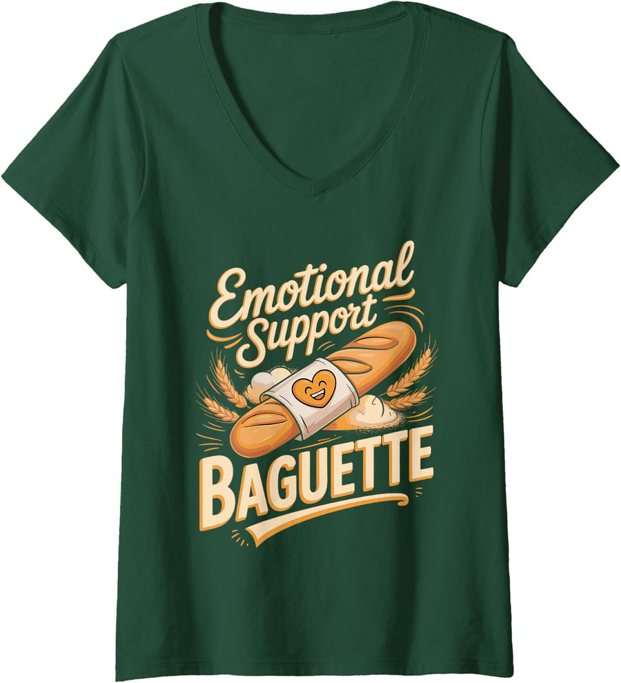 Women's Emotional Support Baguette French Bread V-Neck T-Shirt - Dark Green