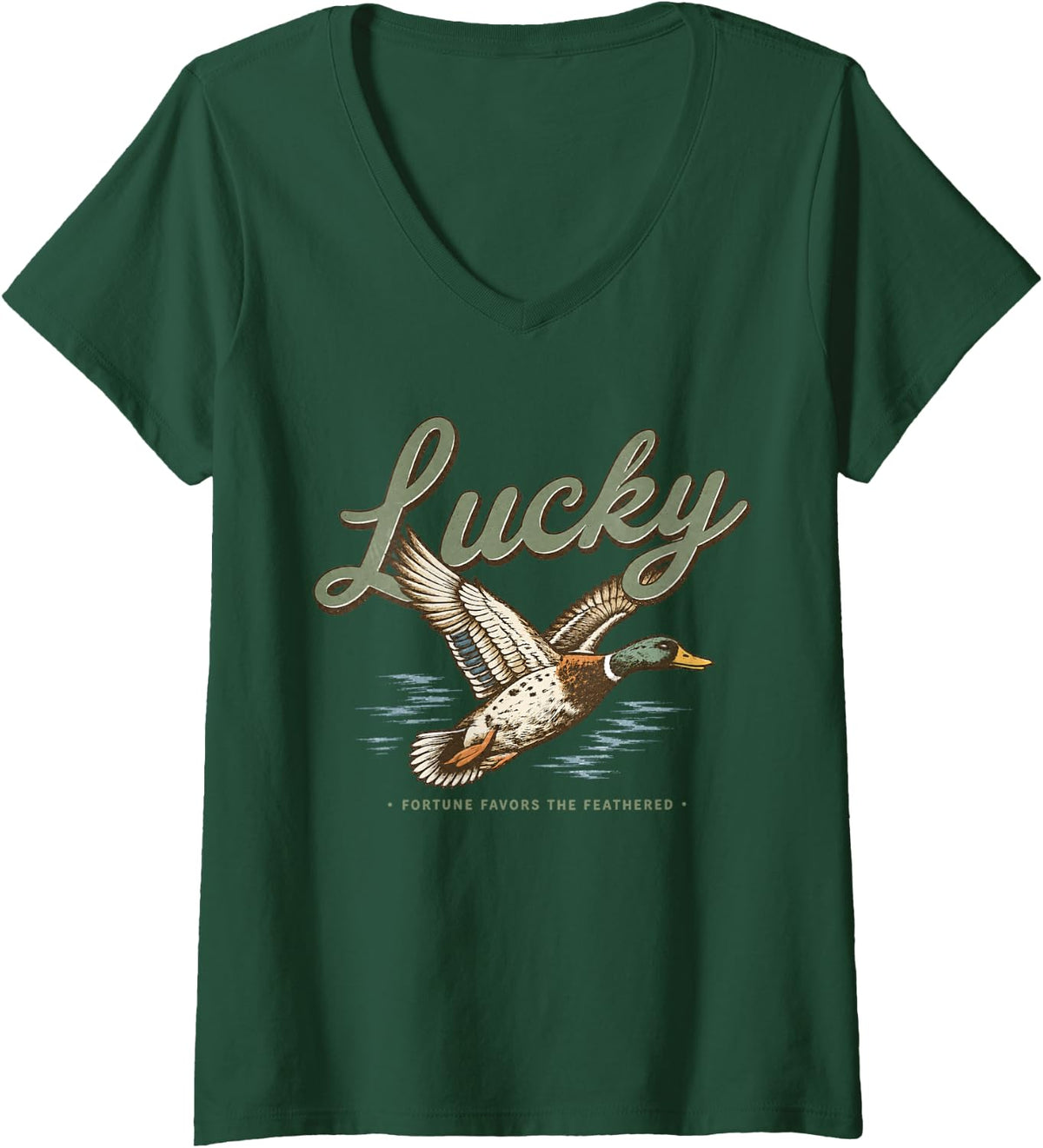 Women's Vintage Mallard Duck Lucky Fortune Favors The Feathered V-Neck T-Shirt - Dark Green