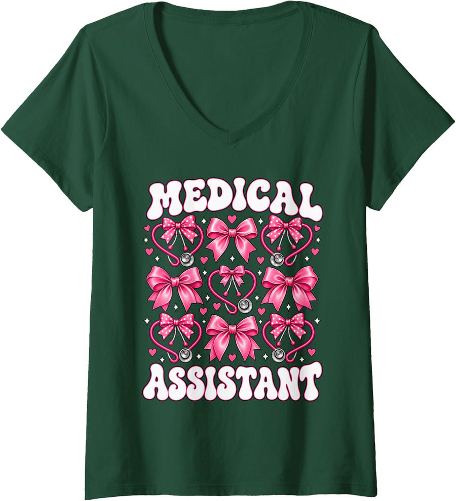 Women's Medical Assistant Bow Stethoscope Coquette V-Neck T-Shirt - Dark Green