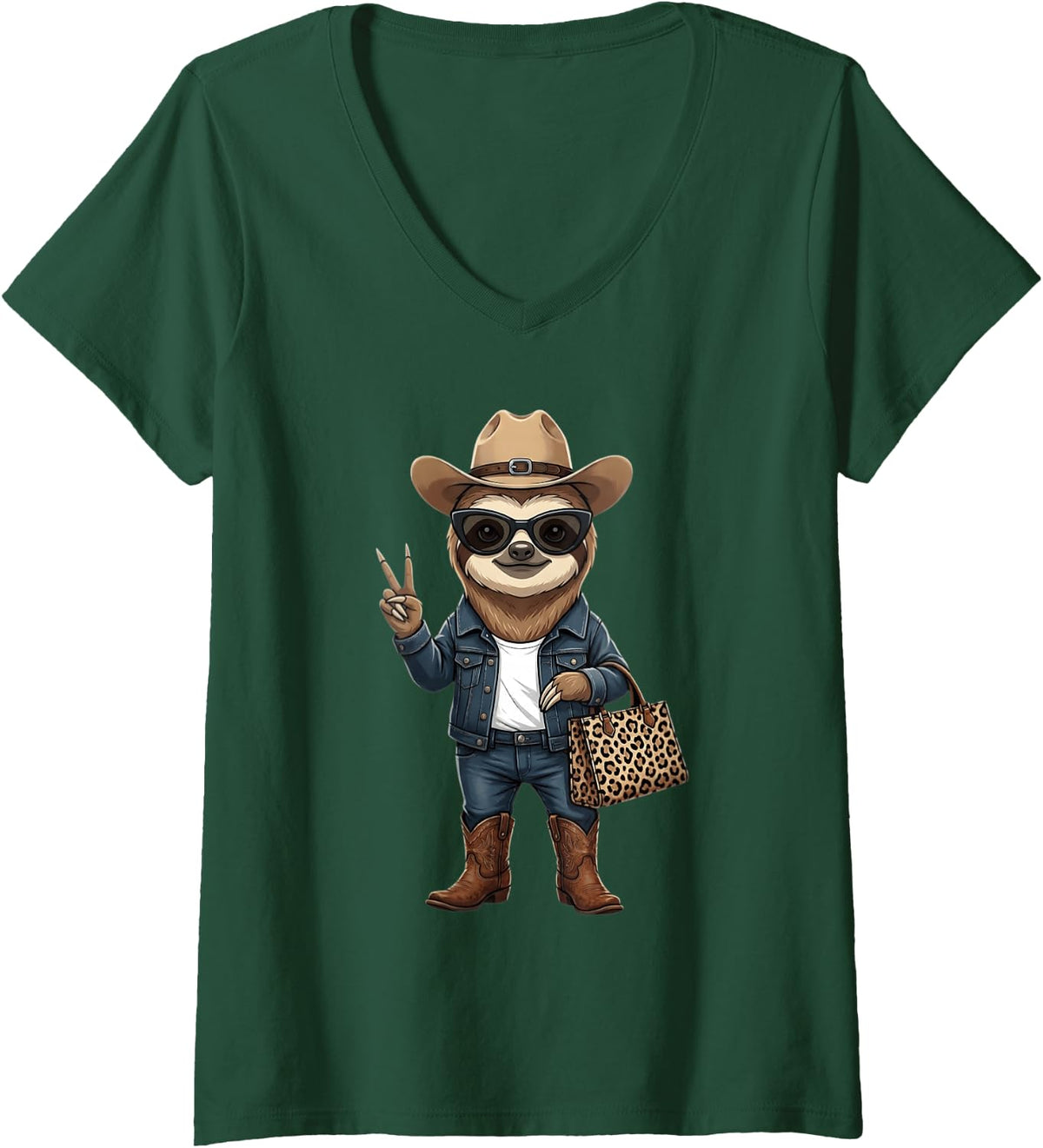 Women's Cool Sloth Lover Cute Graphic Women Girls V-Neck T-Shirt - Dark Green