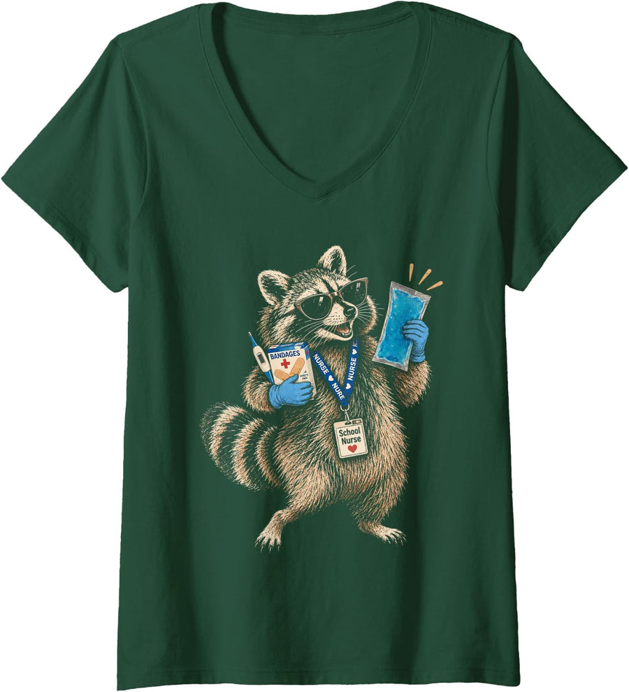 Women's School Nurse Life RN Raccoon Nursing First Day of School V-Neck T-Shirt - Dark Green
