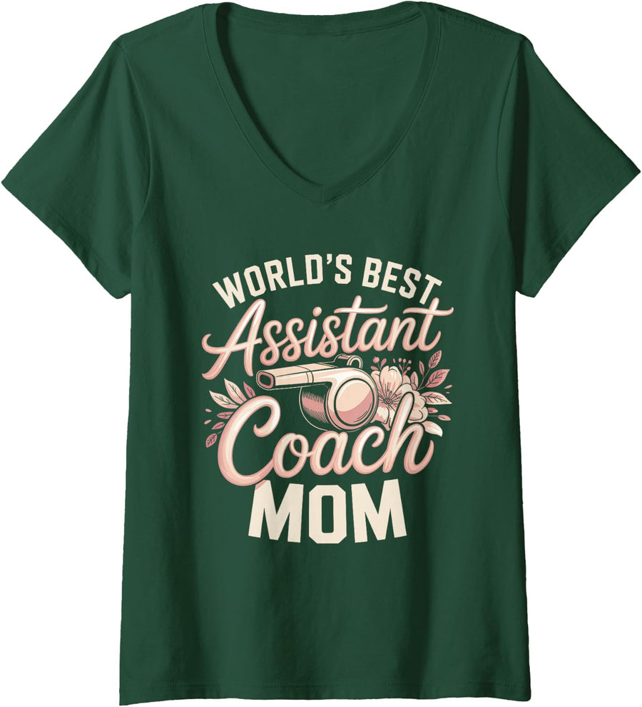 Women's World's Best Assistant Coach Mom V-Neck T-Shirt - Dark Green