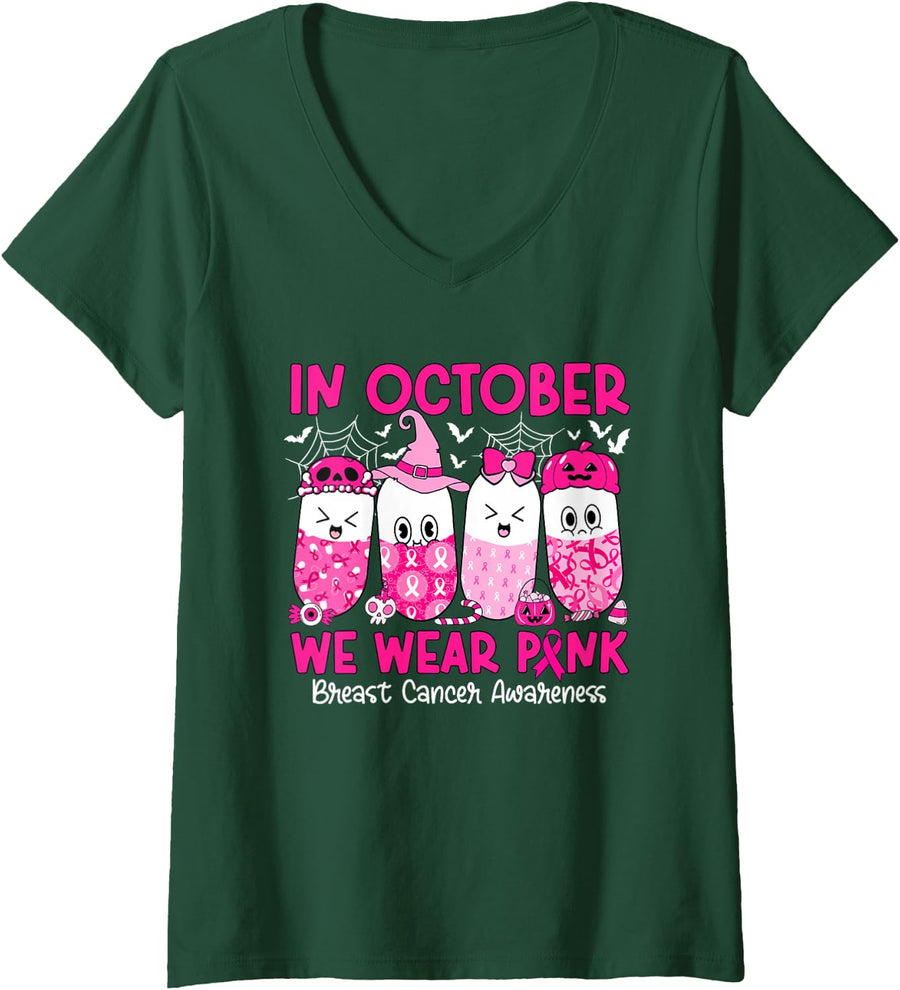 Women's in October We Wear Pink Pharmacy Breast Cancer Awareness V-Neck T-Shirt - Dark Green