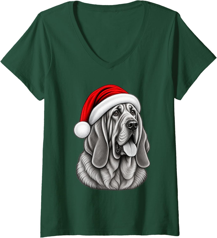 Women's Christmas Santa Hat Bloodhound Cute Pet Dog Xmas V-Neck T-Shirt - Dark Green