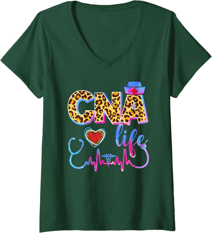 Women's Leopard Tie Dye CNA Life Stethoscope Leopard Nurse Week V-Neck T-Shirt - Dark Green