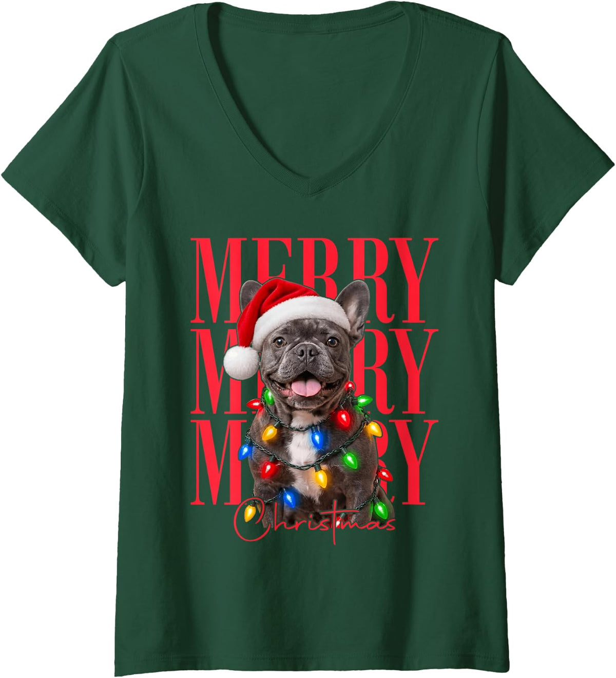 Women's Merry Christmas French Bulldog Santa Xmas Tree Light Dog V-Neck T-Shirt - Dark Green
