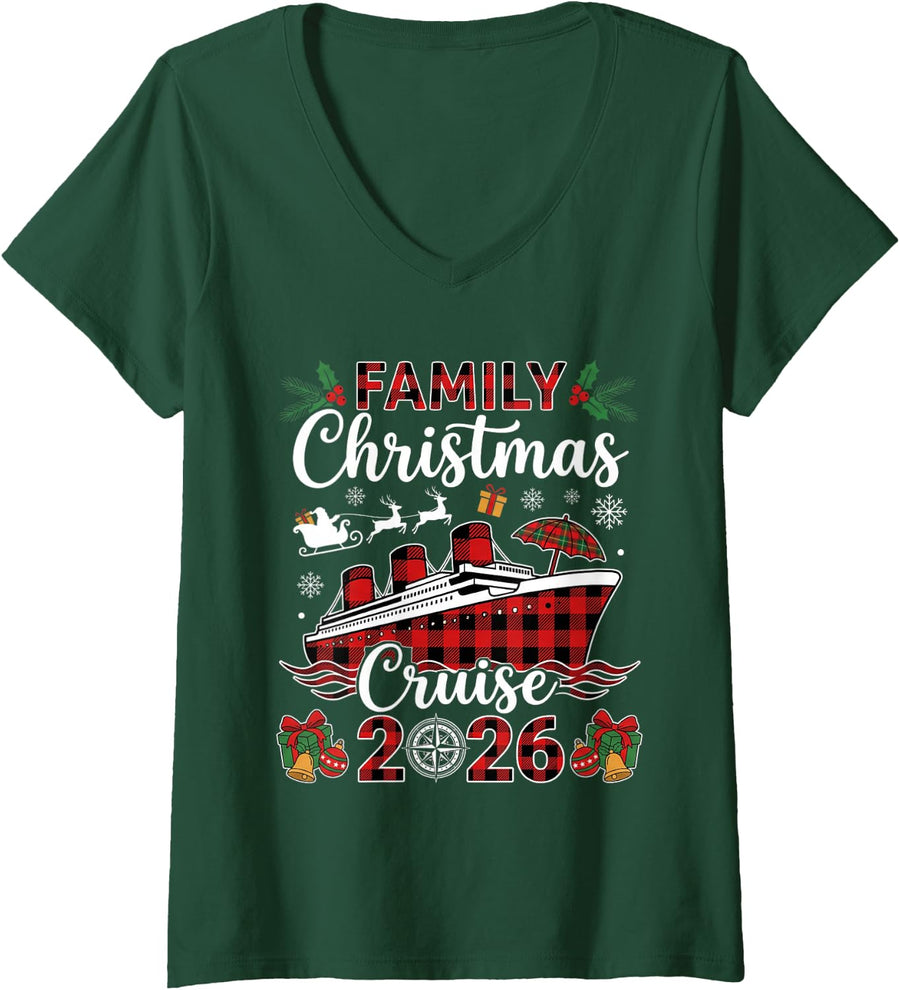 Women's Family Christmas Cruise 2026 Matching Group Pajamas Squad V-Neck T-Shirt - Dark Green