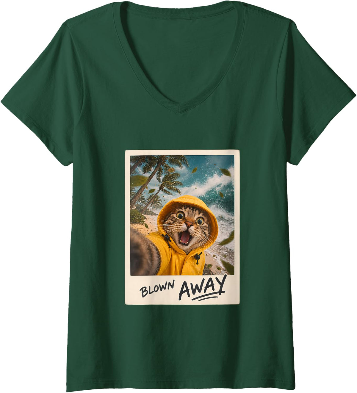 Women's Blown Away Tabby Cat Selfie Funny Nature Outdoor V-Neck T-Shirt - Dark Green