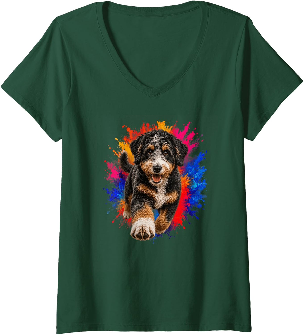 Women's Aussiedoodle Color Splash Dog Art V-Neck T-Shirt - Dark Green