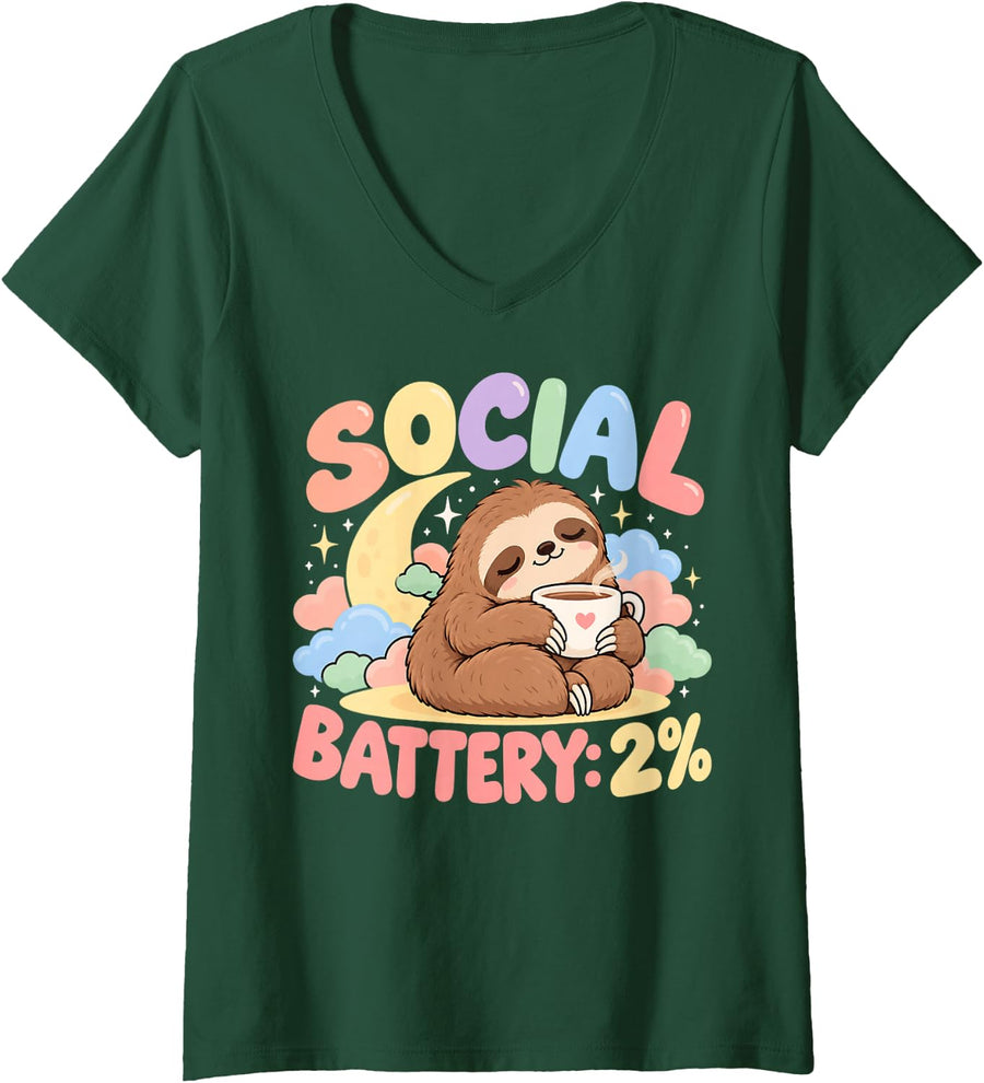 Women's Sloth Social Battery 2% Introvert Coffee Lover Cute Kawaii V-Neck T-Shirt - Dark Green