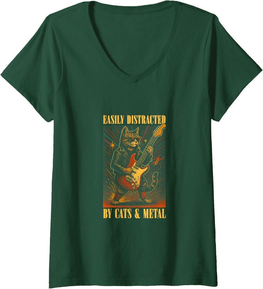 Women's Heavy Metal Cat Easily Distracted by Cats and Metal V-Neck T-Shirt - Dark Green