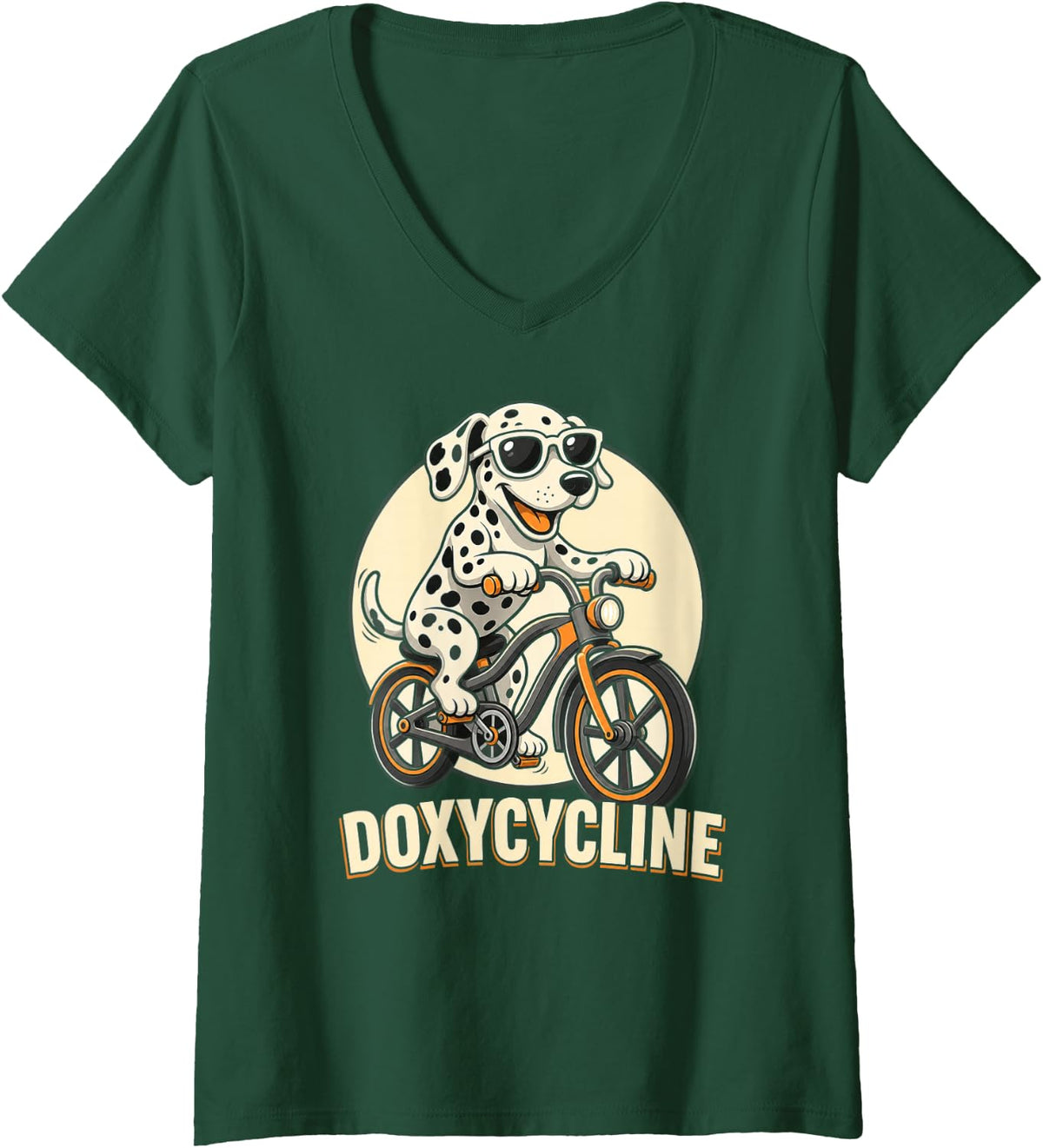 Women's Dalmatian Riding On Bicycle Doxycycline Pharmacy Pharmacist V-Neck T-Shirt - Dark Green