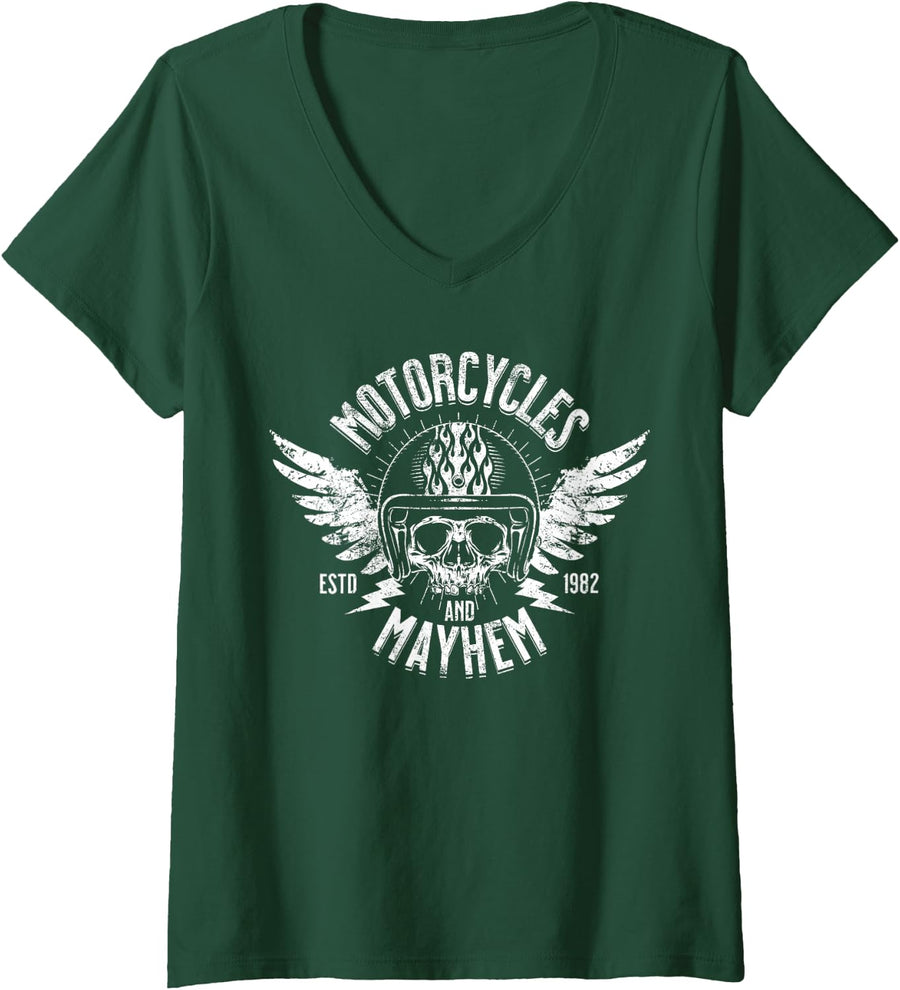 Women's Motorcycles and Mayhem Biker Skull Motorcycle Rider Vintage V-Neck T-Shirt - Dark Green