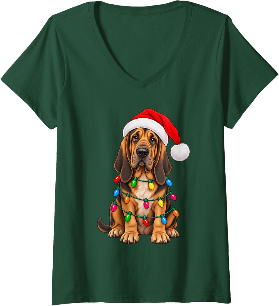 Women's Cute Bloodhound Santa Christmas Lights Dog Lover Xmas V-Neck T-Shirt - Dark Green