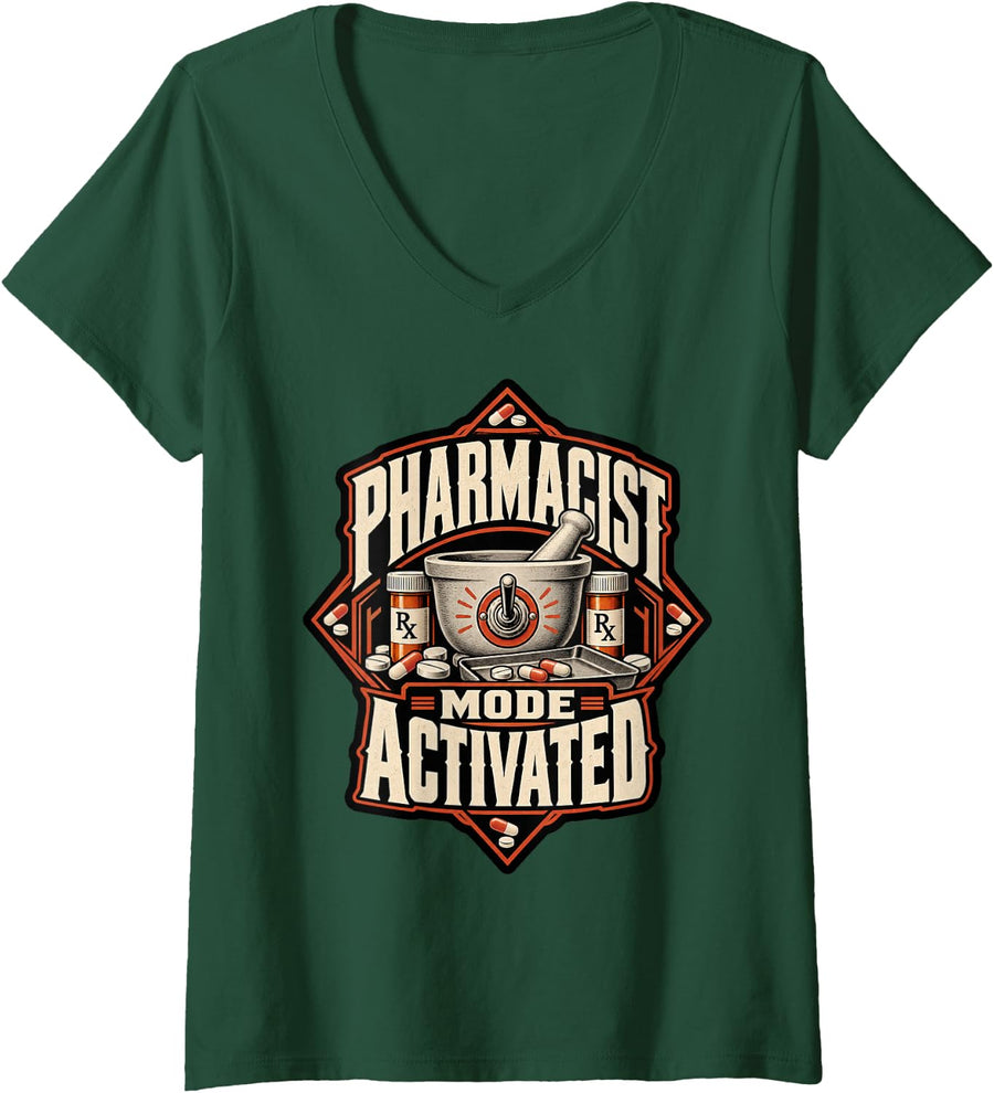 Women's Rx Professional Pharmacist Mode Activated Art Design Gift V-Neck T-Shirt - Dark Green