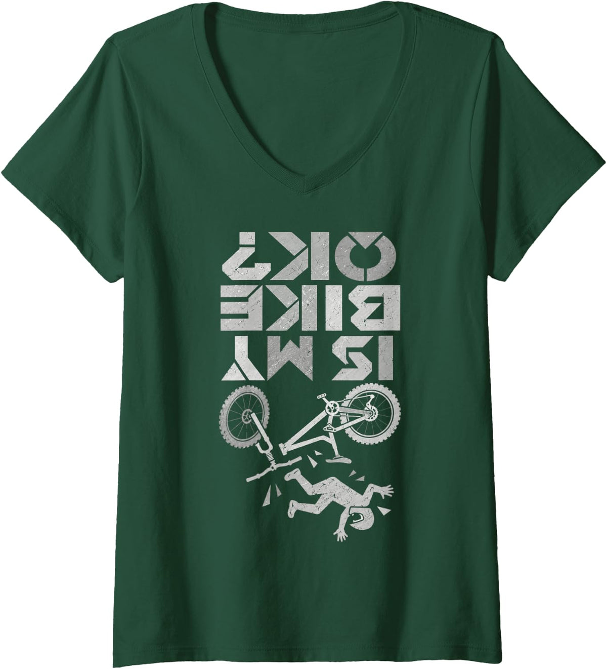 Women's is My Bike OK Funny MTB Rider Crash Mountain Biking V-Neck T-Shirt - Dark Green