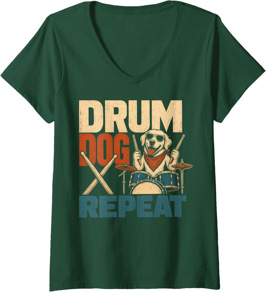 Women's Drum Dog Repeat Golden Retriever V-Neck T-Shirt - Dark Green