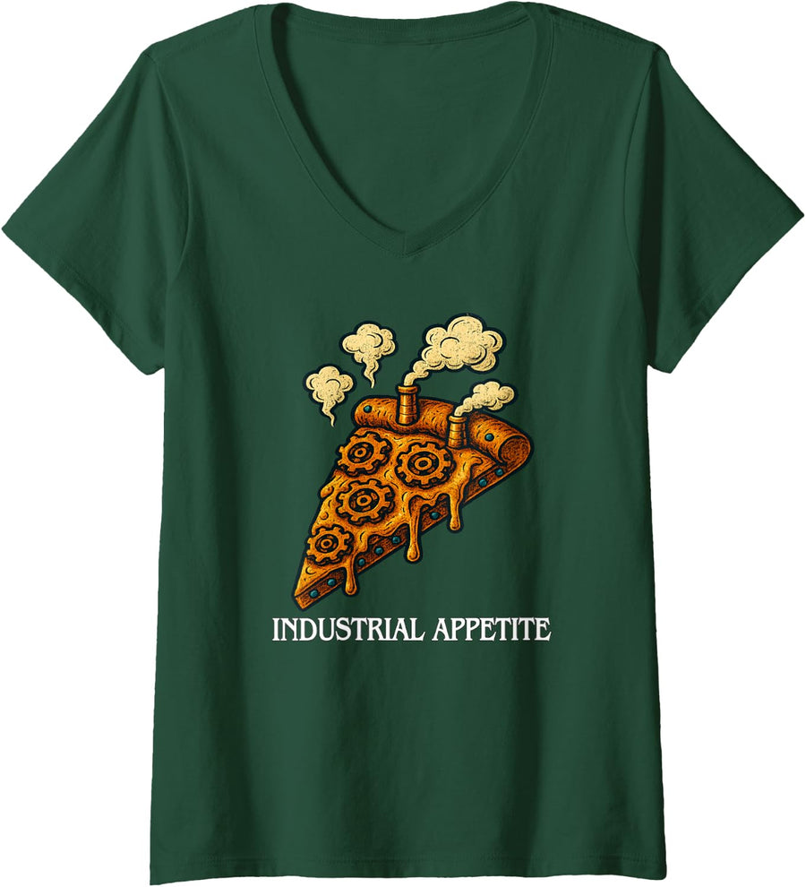 Women's Industrial Appetite Steampunk Pizza Design Gear and Steampunk Pizza Design V-Neck T-Shirt - Dark Green