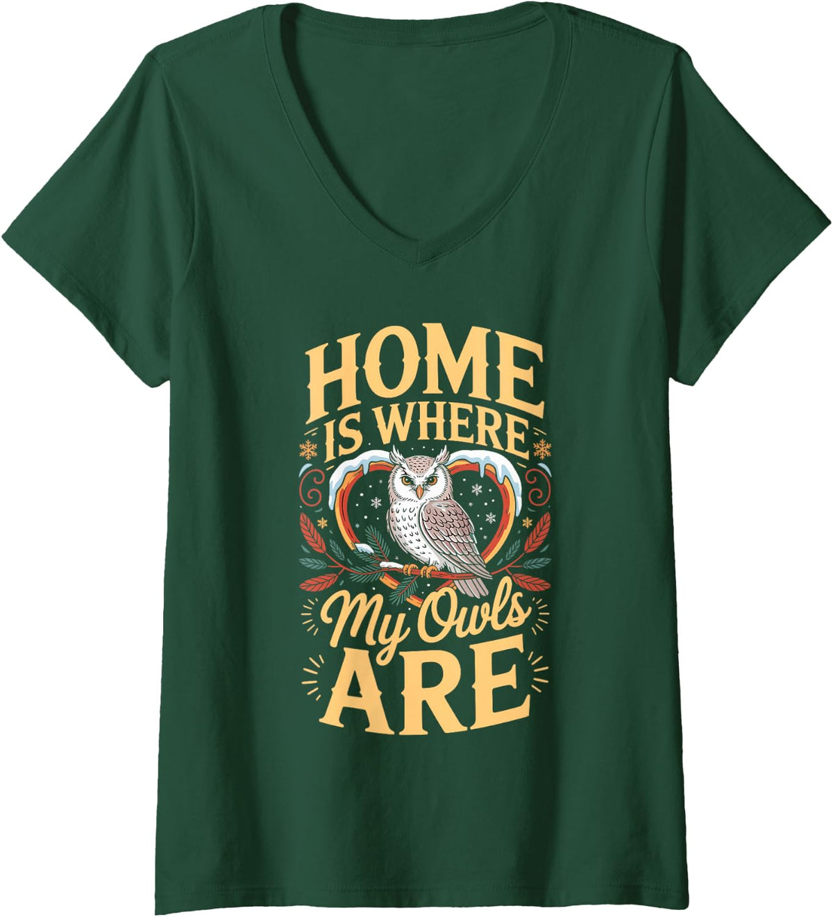 Women's Home is Where My Owls are Snowy Owl V-Neck T-Shirt - Dark Green