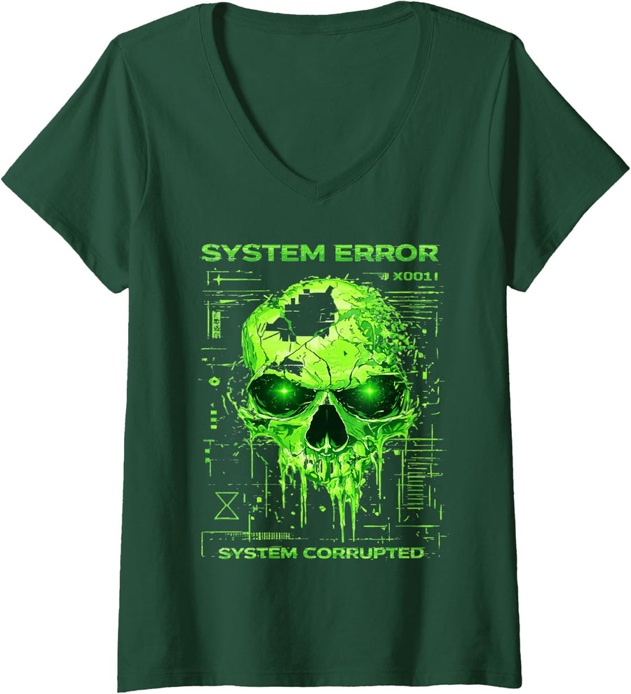 Women's System Error Glitch Skull Tech Graphic Tee V-Neck T-Shirt - Dark Green