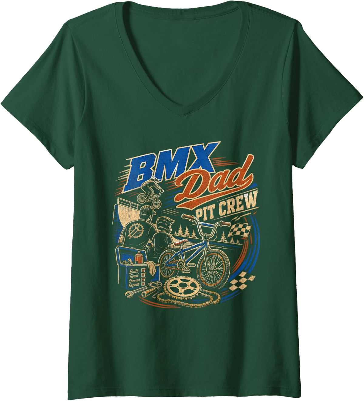 Women's BMX Dad Pit Crew Bicycle Racing Cycling V-Neck T-Shirt - Dark Green