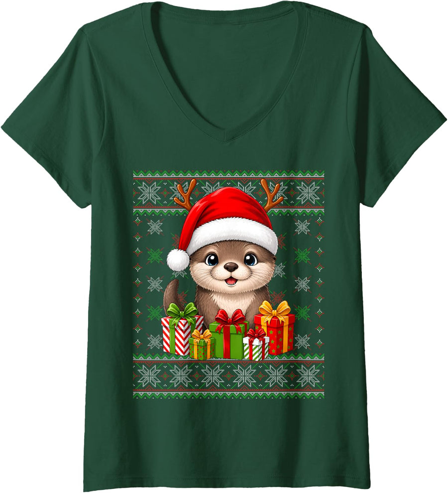 Women's Otter Xmas Ugly Sweaters Festive Santa Otter Christmas V-Neck T-Shirt - Dark Green