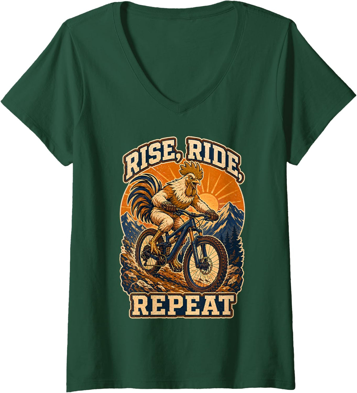 Women's Rise Ride Repeat Funny Rooster Mountain Bike MTB Cycling V-Neck T-Shirt - Dark Green