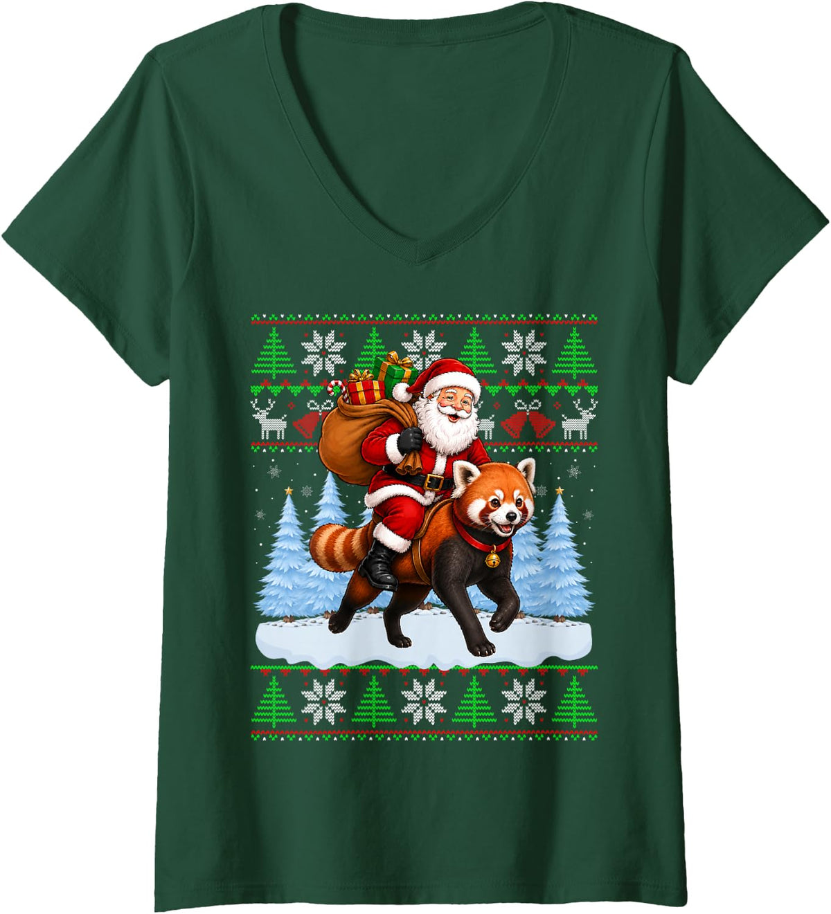 Women's Ugly Xmas Sweaters Funny Santa Riding Red Panda Christmas V-Neck T-Shirt - Dark Green