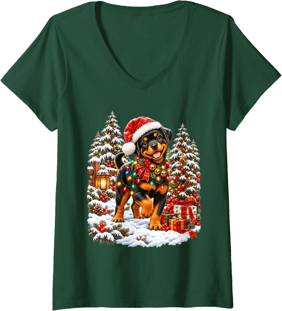 Women's Joyful Rottweiler Holiday Santa Snow Scene V-Neck T-Shirt - Dark Green