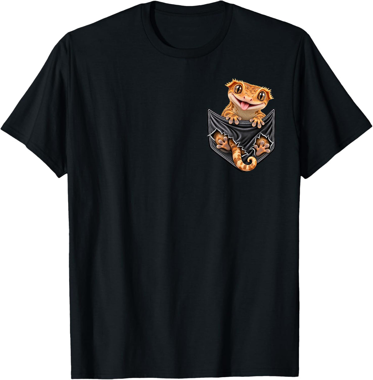 Funny Crested Gecko Pocket for Men and Women Cute Animal T-Shirt - Black