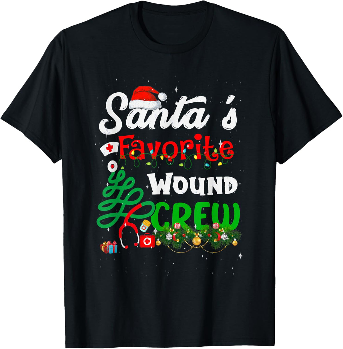 Santa's Favorite Wound Crew Christmas Wound Care Nurse Crew T-Shirt - Black