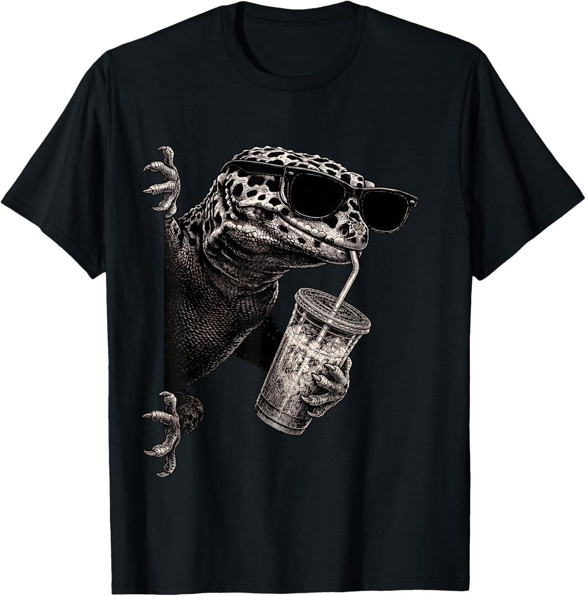Funny Leopard Gecko Peeking Drinking Iced Coffee Humor T-Shirt - Black