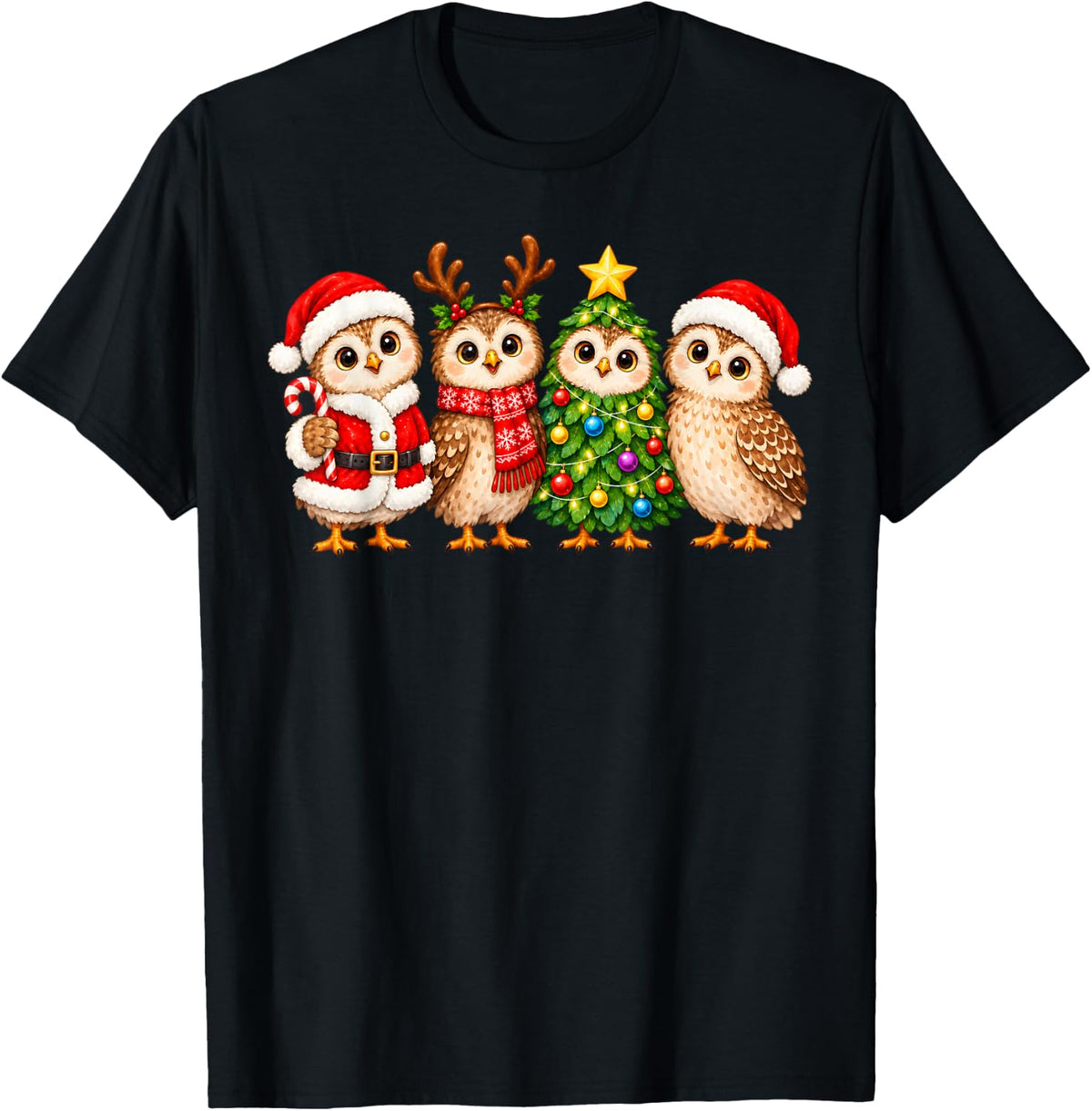 Santa Owl Christmas Tree Owl Lover Animal Xmas Pajama T-Shirt - Black