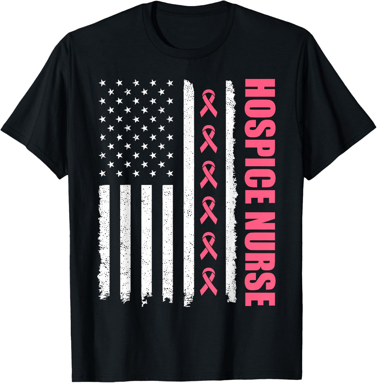 Retro Hospice Nurse American Flag Breast Cancer Awareness T-Shirt - Black