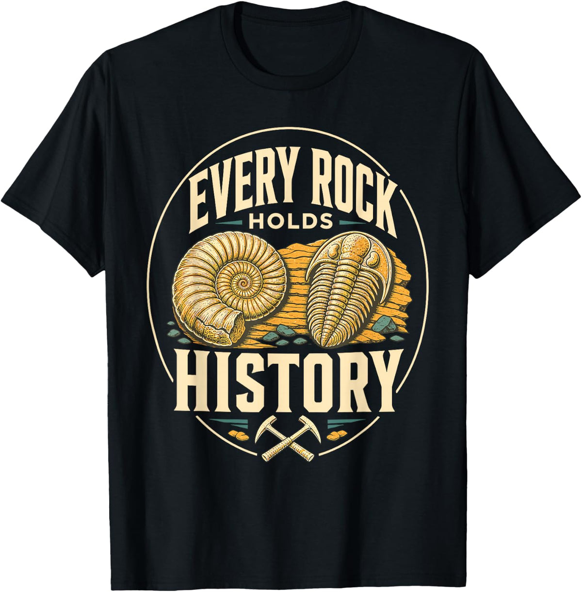 Every Rock Holds History Fossil Ammonite Geology T-Shirt - Black
