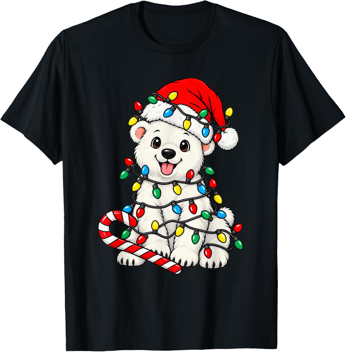 Cute Polar Bear Christmas Lights Santa Xmas Dog Lover T-Shirt - Black