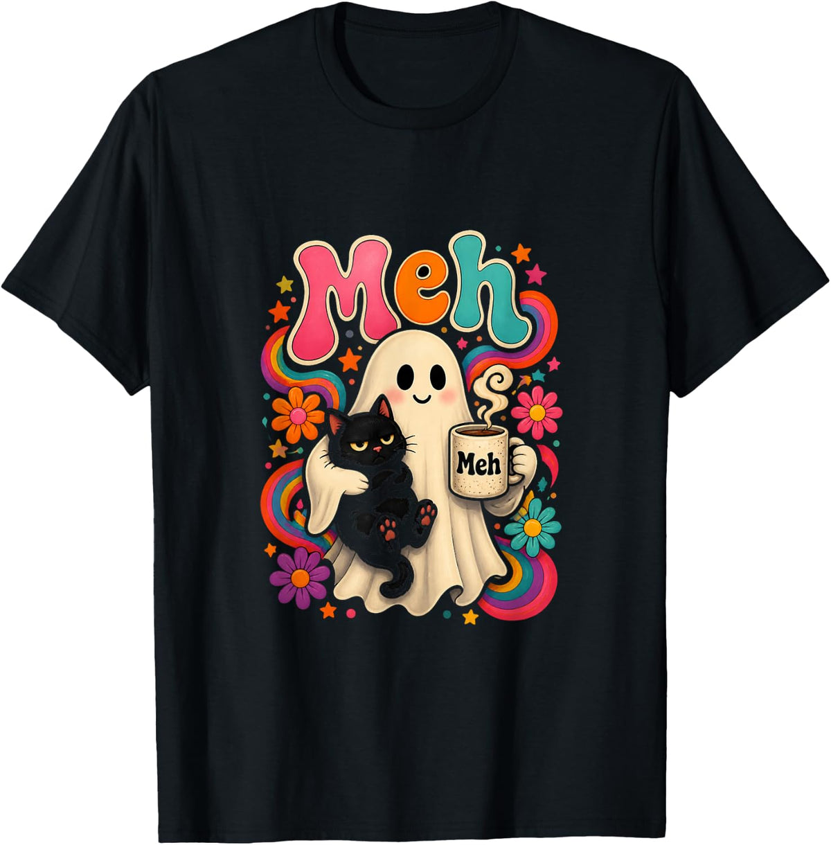 Meh Funny Ghost Cat Spooky Black Cat Halloween Coffee Lover T-Shirt - Black