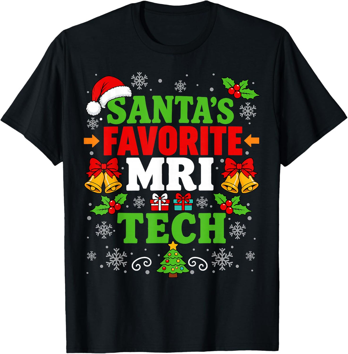 Santa's Favorite MRI Tech Christmas Tree Bells Xmas T-Shirt - Black