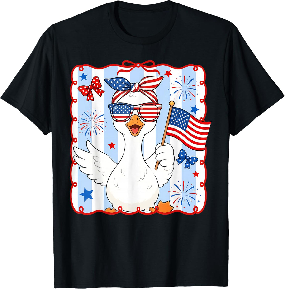 Funny Goose 4th of July American Flag Preppy Women Girl T-Shirt - Black