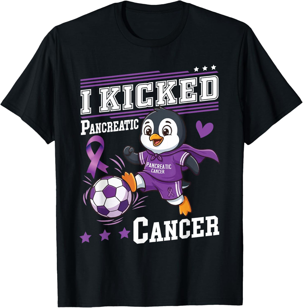 I Kicked Pancreatic Cancer Survivor Penguin Soccer Playing T-Shirt - Black