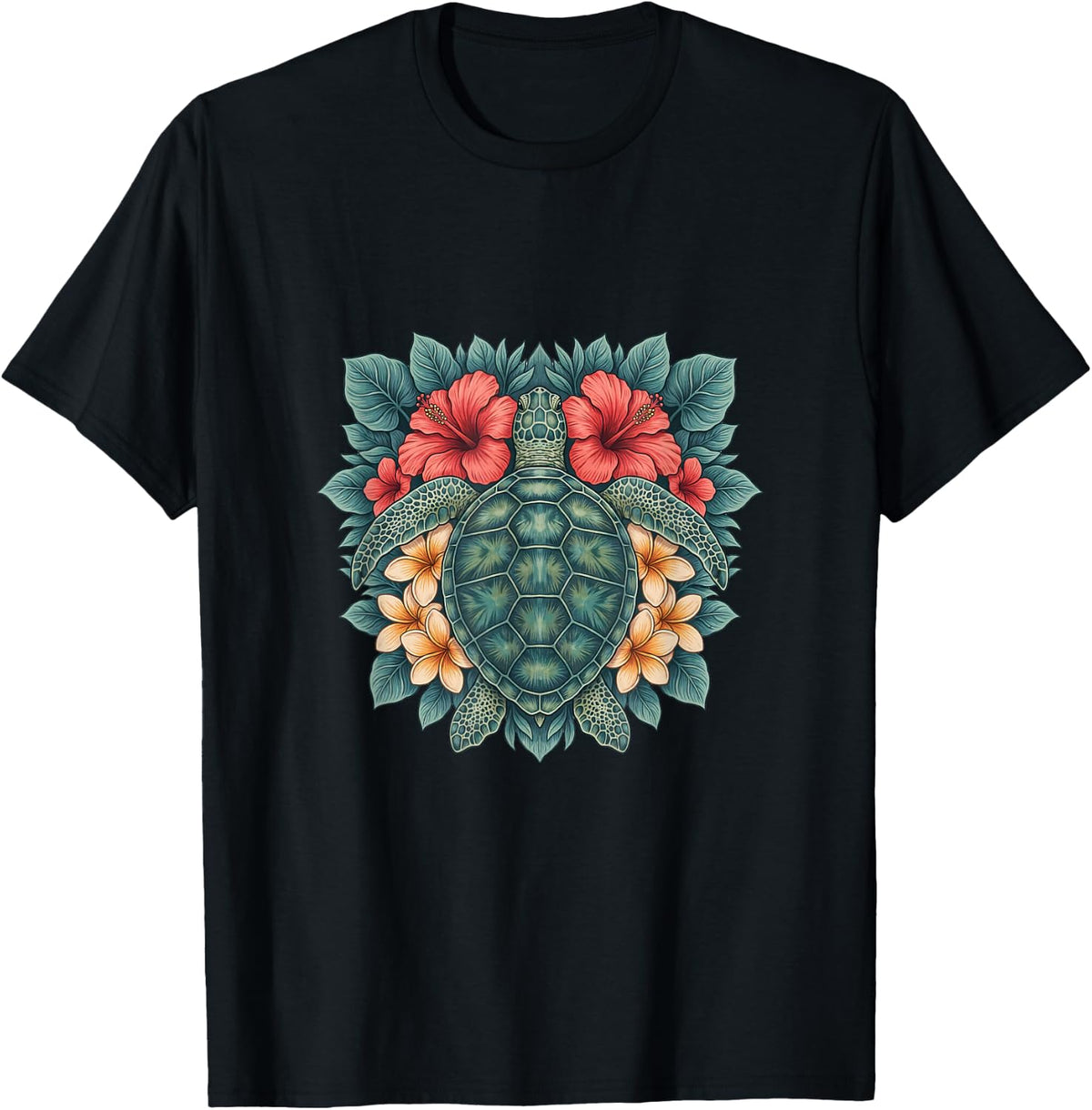 Sea Turtle with Coral Hibiscus and Cream Flowers T-Shirt - Black