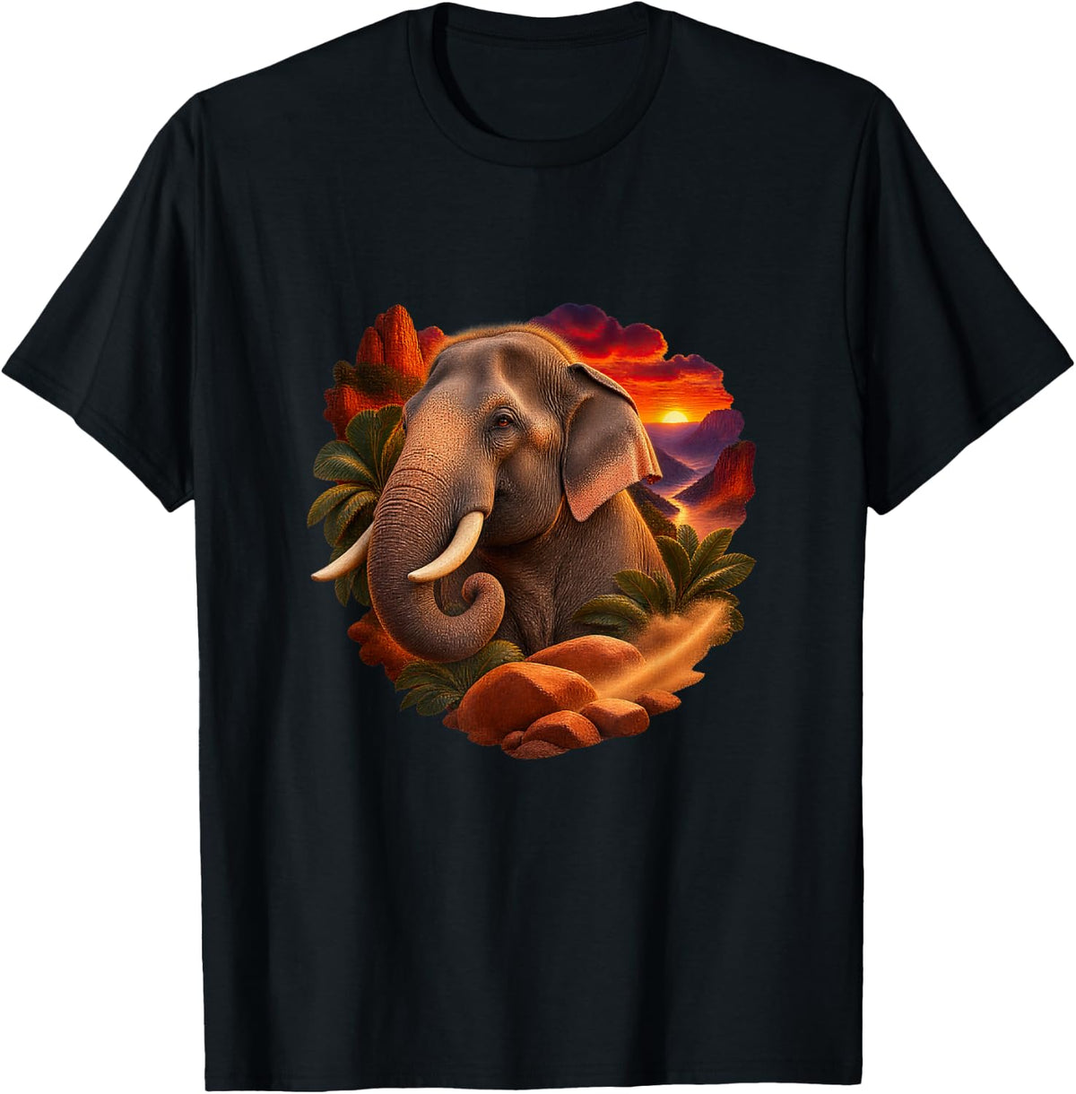 Asian Elephant in a Fiery Canyon Sunset T-Shirt - Black