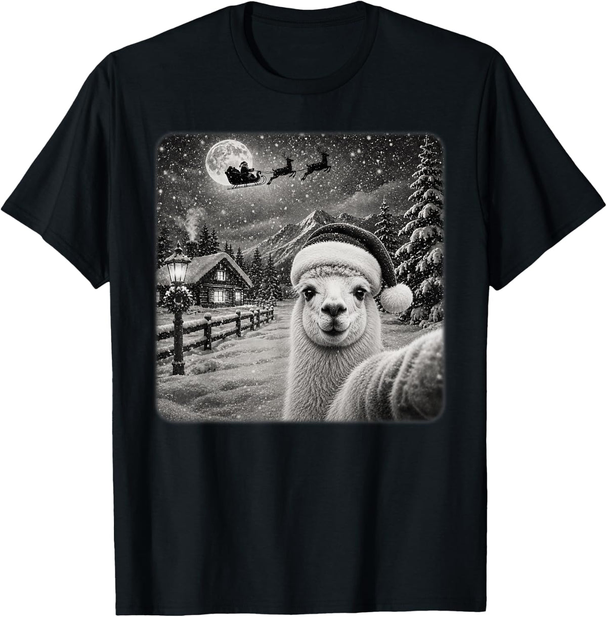 Xmas Moon Night Starry Santa Sleigh Llama Alpaca Christmas T-Shirt - Black