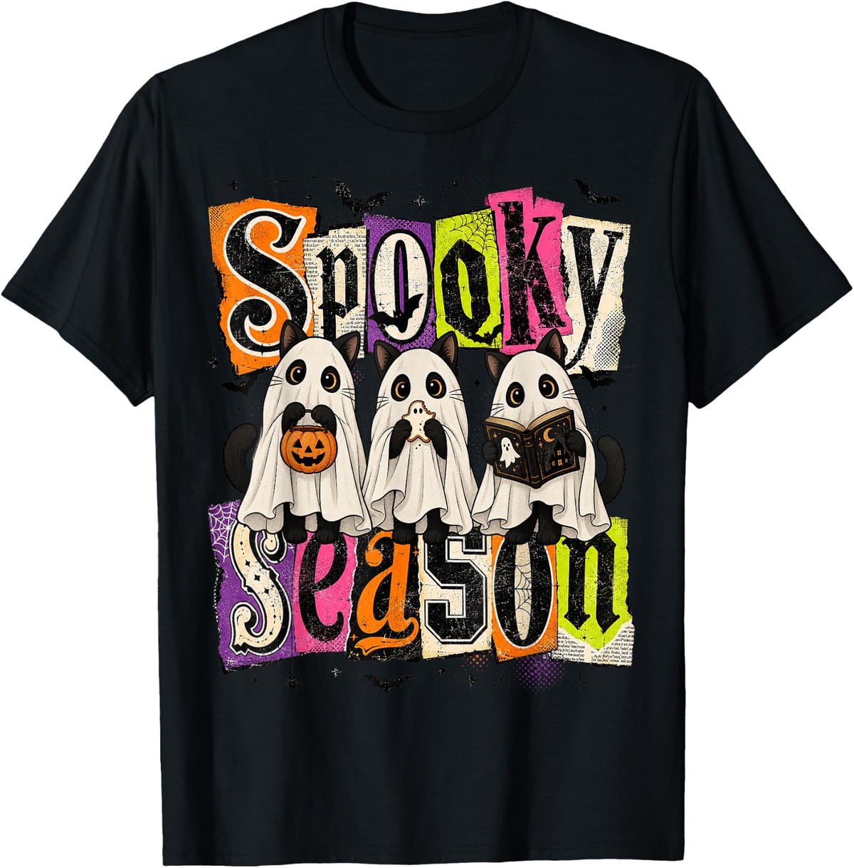 Spooky Season Ghost Black Cats Cute Halloween Tee T-Shirt - Black