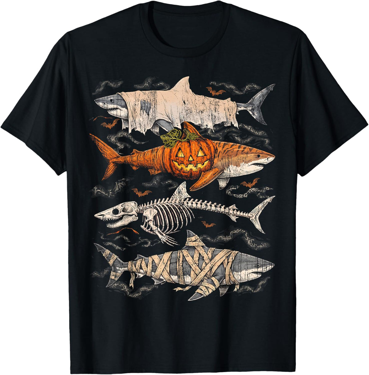 Halloween Shark Fish Ghost Pumpkin Skeleton Mummy Sharks T-Shirt - Black