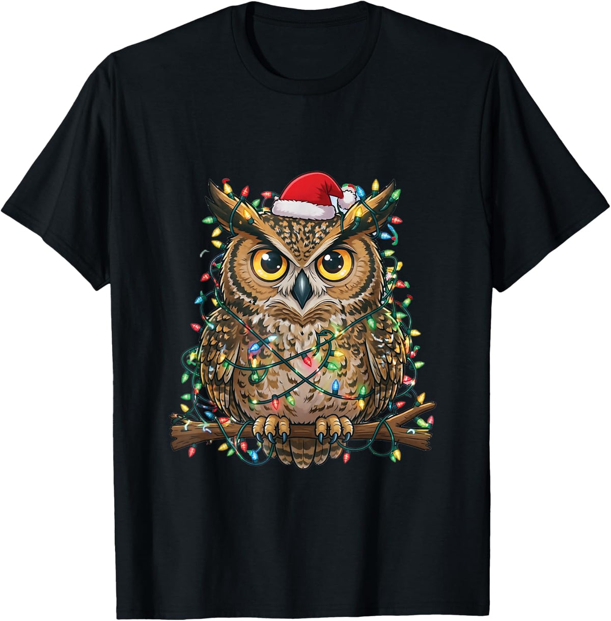 Cute Christmas Owl Santa Hat Festive Woodland Bird Lovers T-Shirt - Black