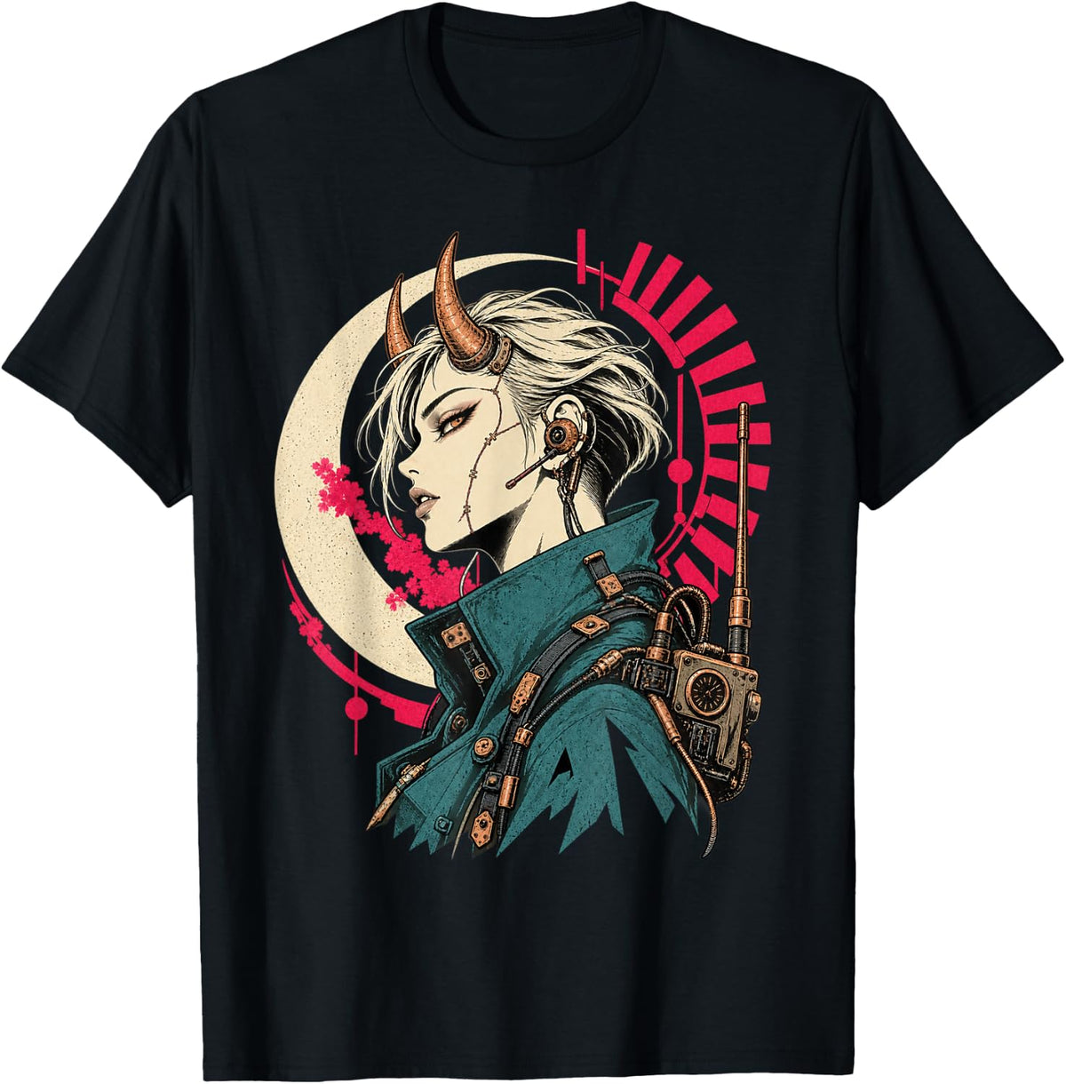 Cyberpunk Demon Woman Radio Transmitter Manga Art T-Shirt - Black